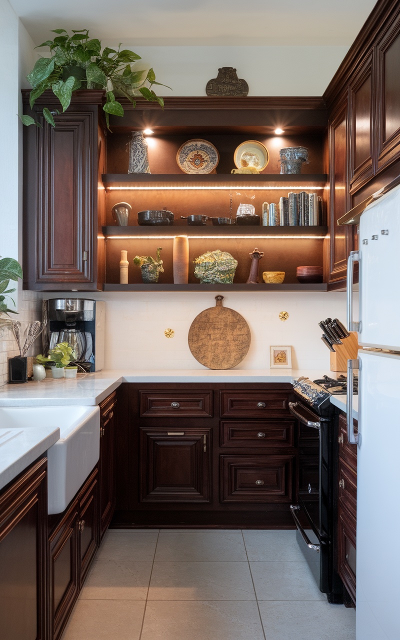 A kitchen showcasing cherry cabinets with accent lighting over shelves filled with dishware and decorative items.