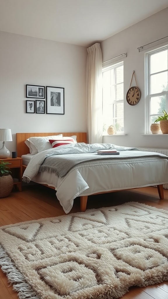 A cozy bedroom featuring a textured accent rug, a neatly made bed, and framed artwork on the wall.