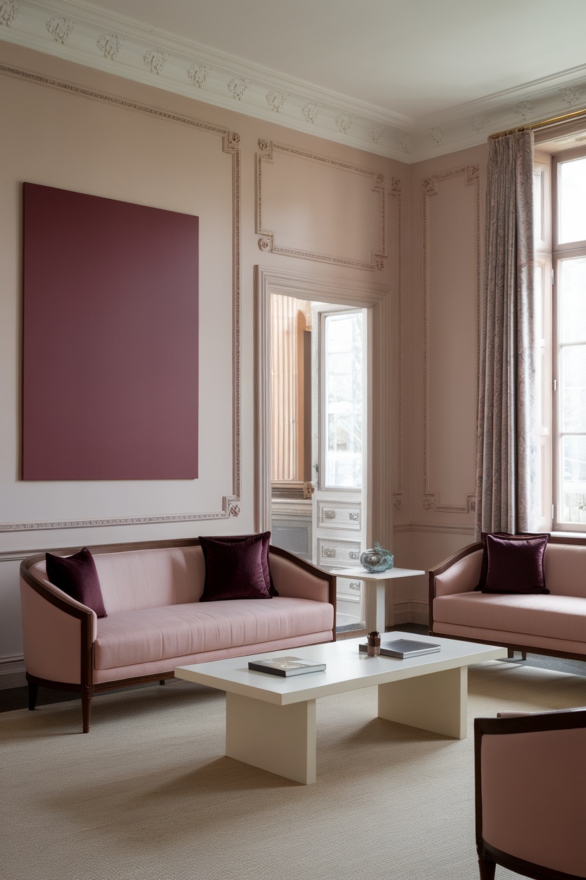 A cozy room featuring soft pink walls, dark pink artwork, and light pink sofas with dark pink cushions.