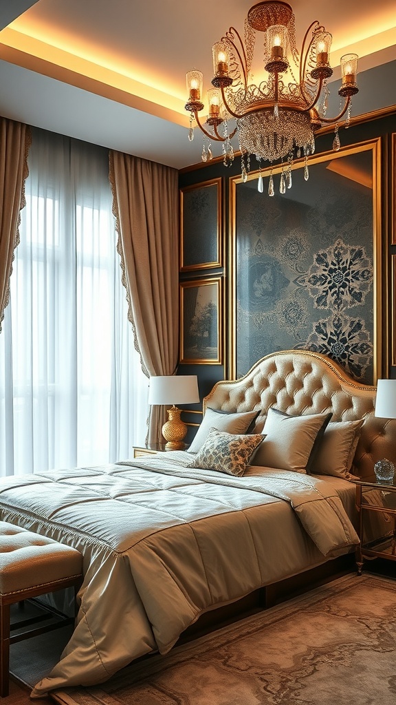 Luxurious bedroom with tufted bed, elegant chandelier, and soft curtains