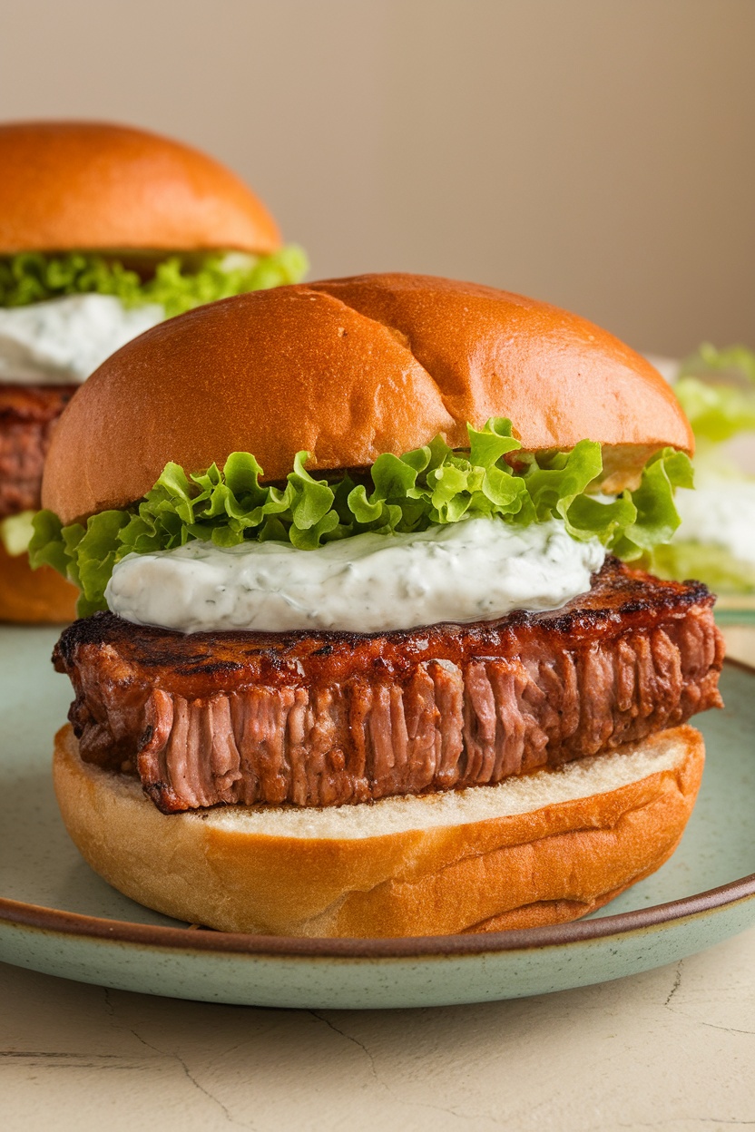 Adobo burger served with lettuce and garlic aioli on a plate.