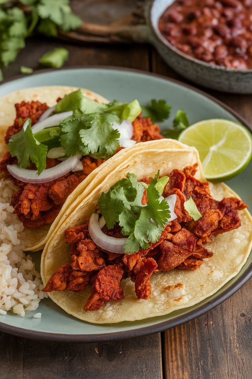 Delicious adobo flakes tacos topped with cilantro and onions, served with lime wedges.