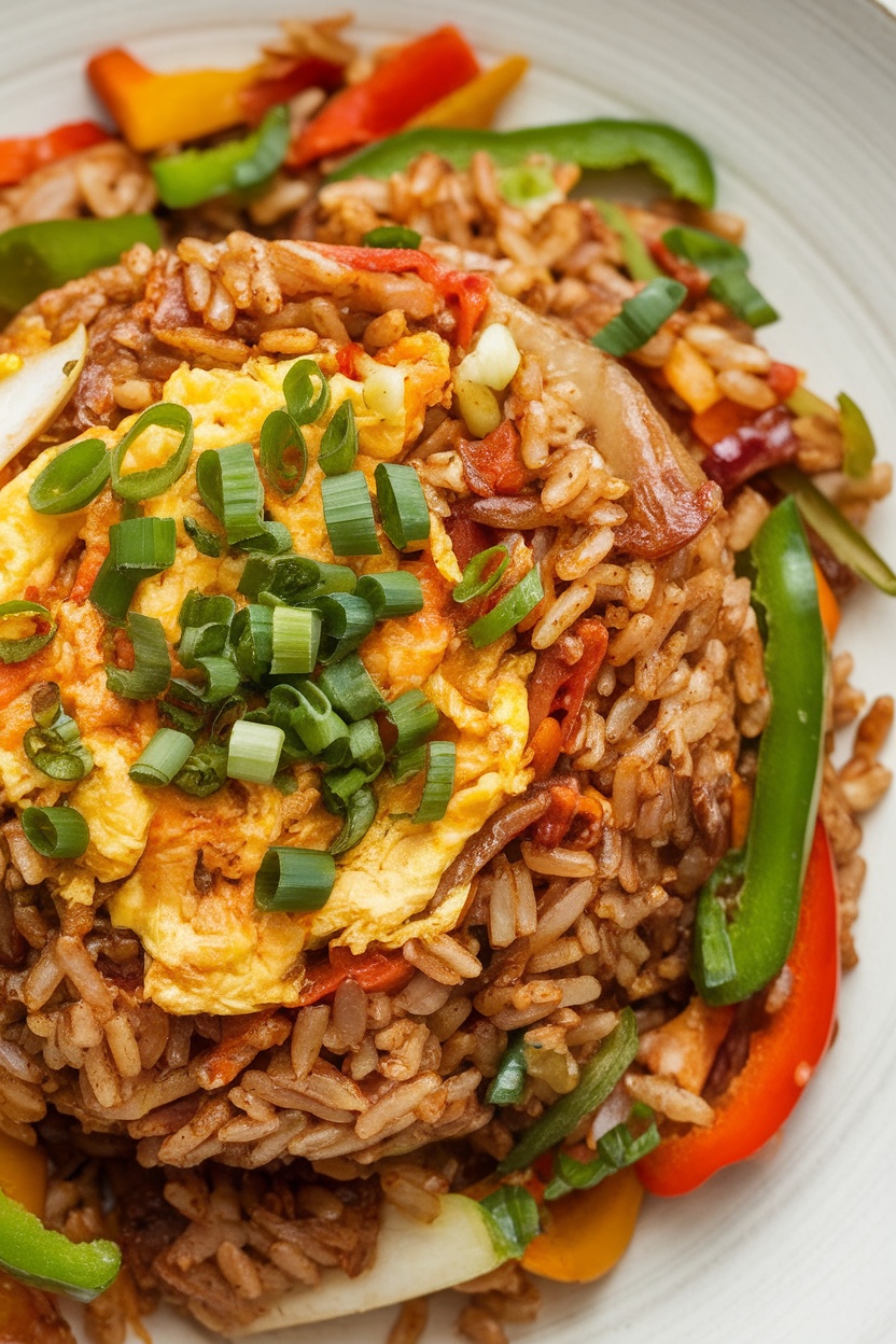 A plate of Adobo Fried Rice topped with green onions and an egg.