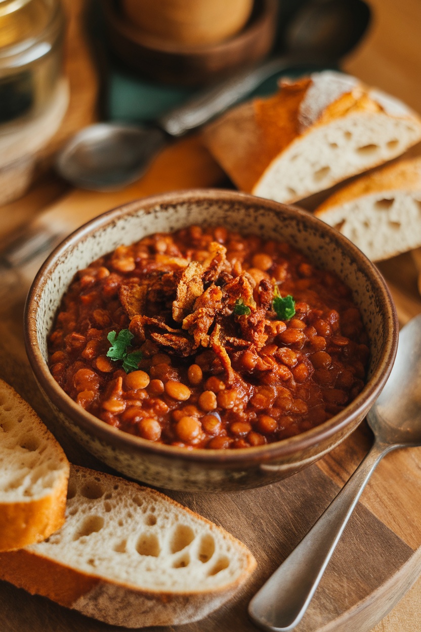 Bowl of Adobo Lentil Stew garnished with fried onions and served with slices of bread.