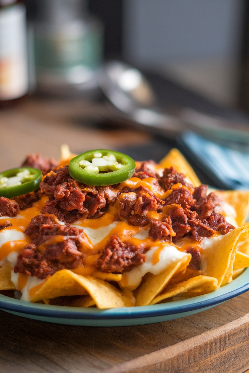 Delicious adobo nachos topped with cheese sauce and jalapeño slices