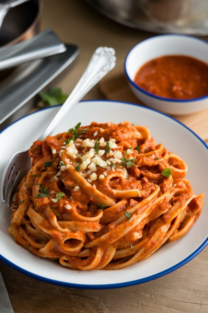 A delicious plate of Adobo Pasta with Garlic, featuring fettuccine coated in a savory sauce, garnished with parsley and cheese.