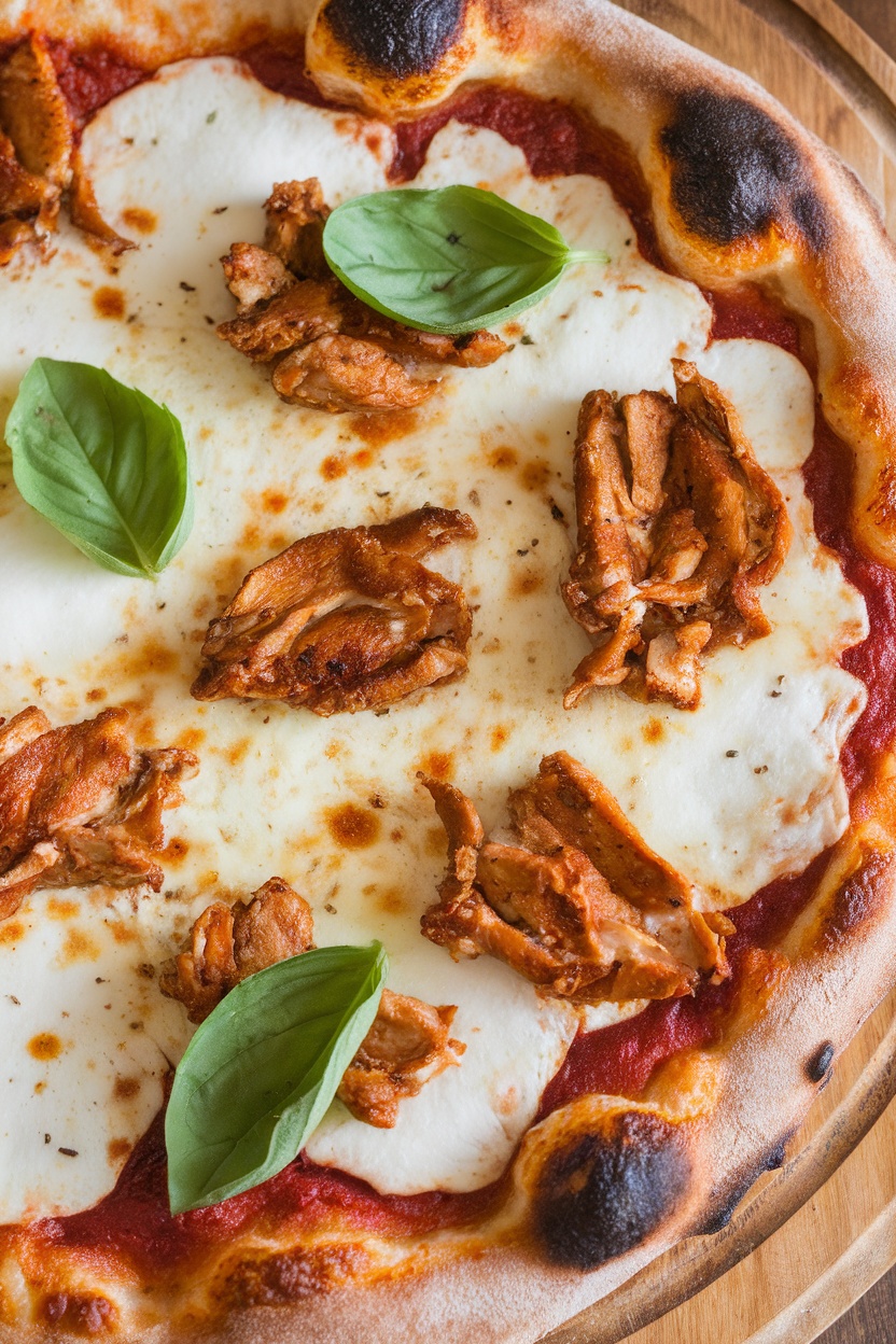 Adobo pizza topped with shredded chicken and fresh basil