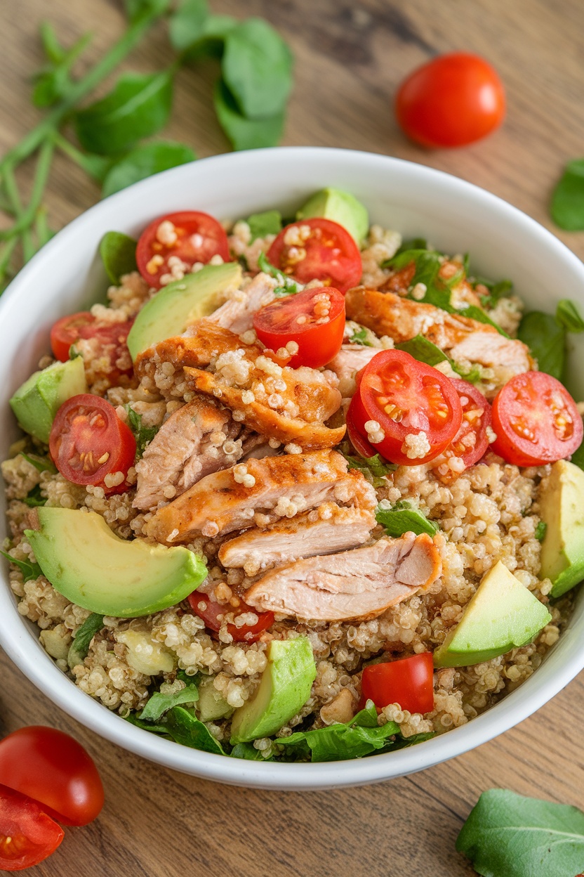 Colorful quinoa salad with chicken, tomatoes, and avocado