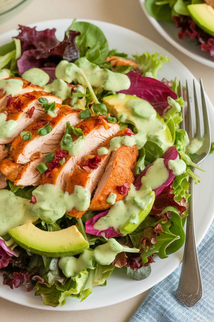 A vibrant adobo salad topped with creamy avocado dressing.