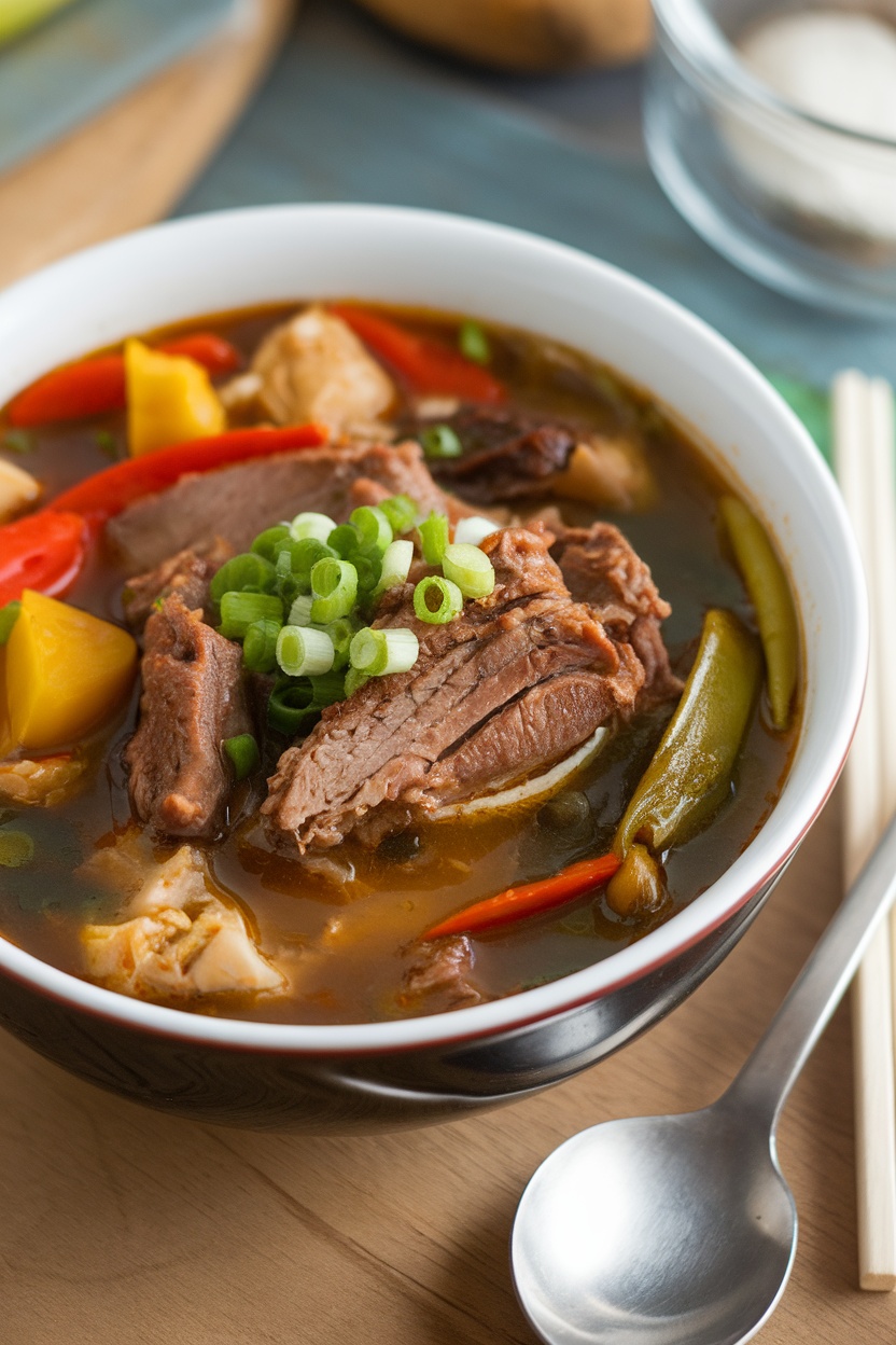 A bowl of adobo soup with chicken and vegetables