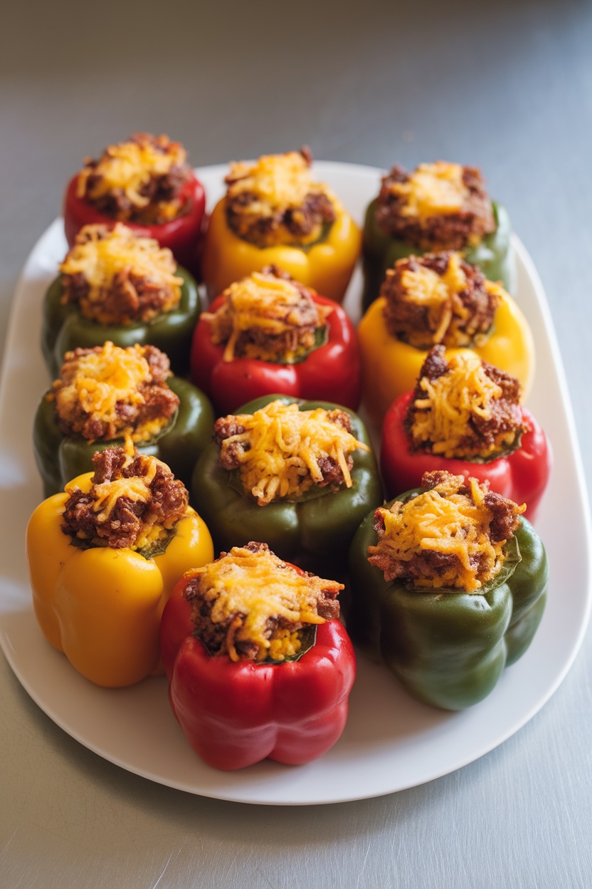 Colorful adobo stuffed bell peppers topped with cheese on a plate.