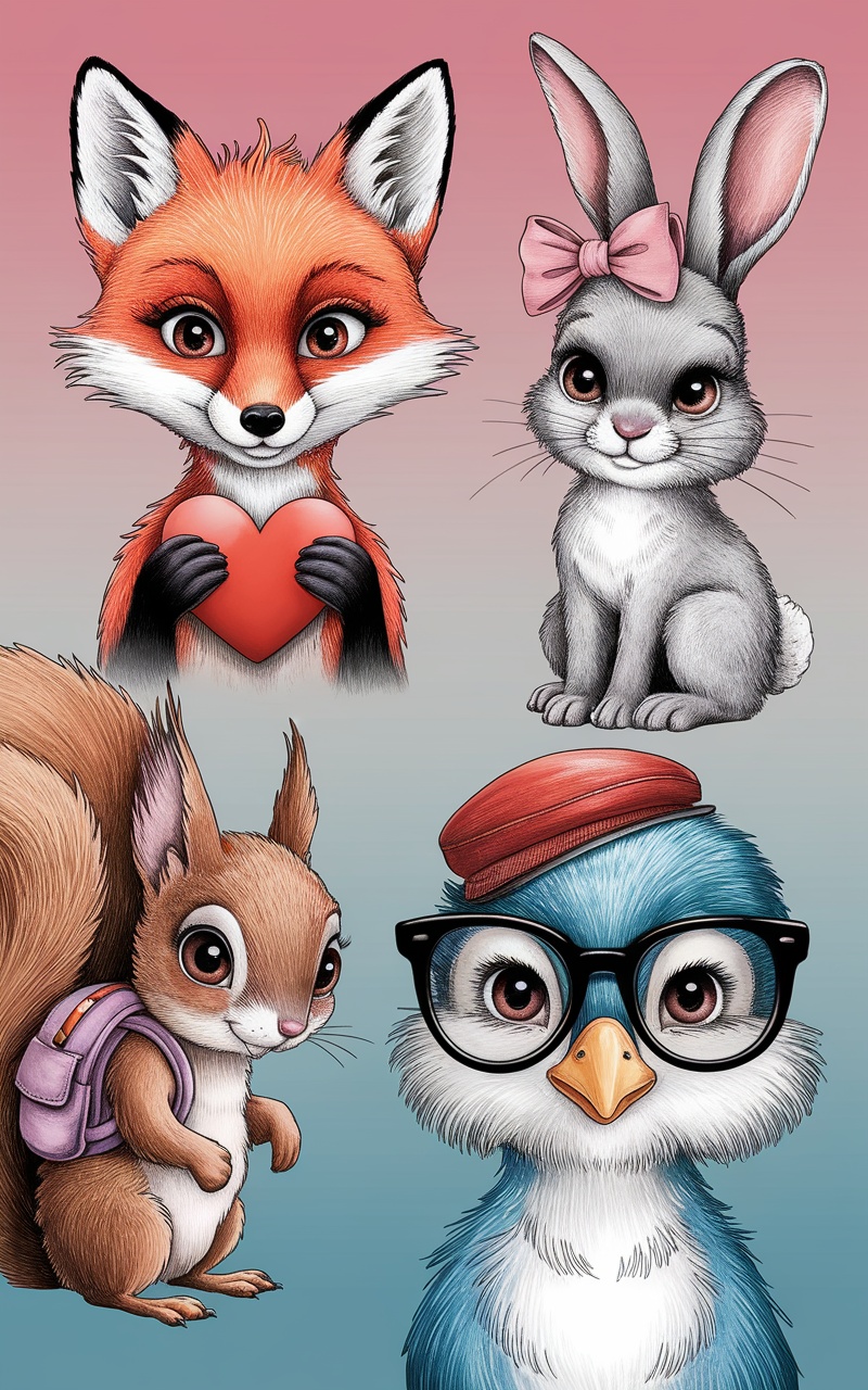 A collage of adorable animal portraits featuring a fox, rabbit, squirrel, and bird.