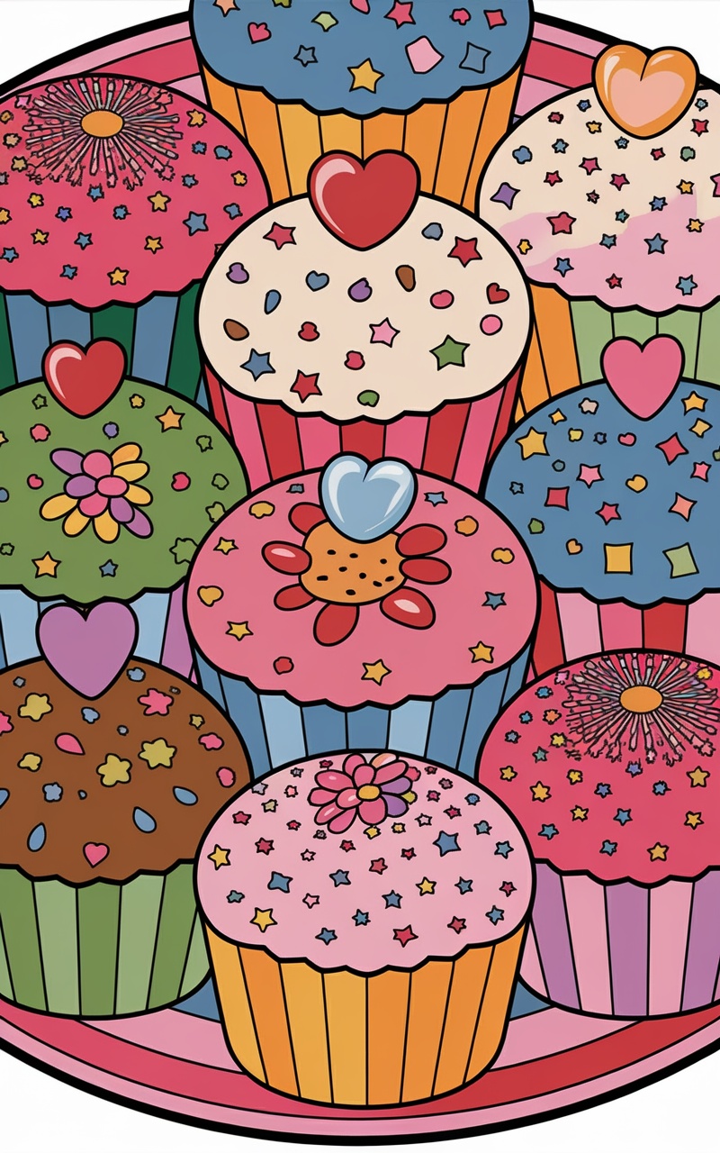 Colorful cupcake illustrations with hearts and stars on colorful wrappers.