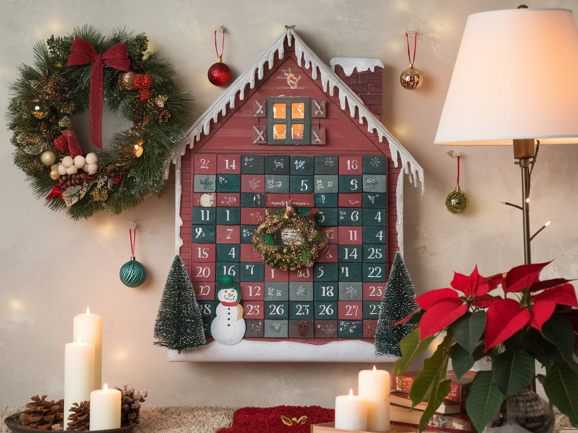 A decorative advent calendar shaped like a house, featuring a snowman, green trees, and a festive wreath.