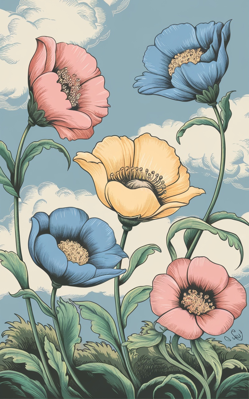 Colorful retro floral patterns featuring pink, blue, and yellow flowers with a soft blue background.