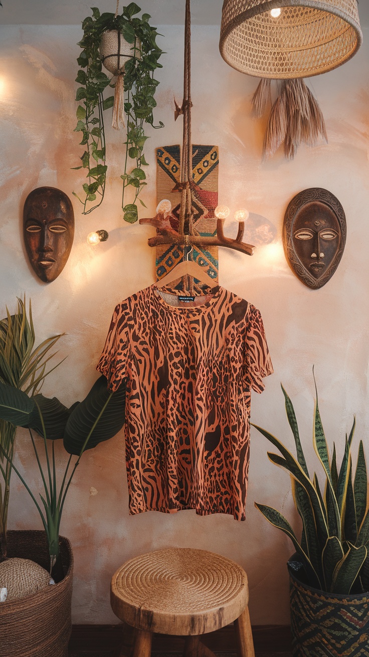 A vibrant animal print t-shirt displayed against a stylish background with plants and decorative masks.