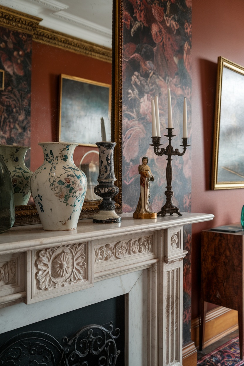 A beautifully styled mantel with antique vases, a candlestick, and a figurine, set against a richly patterned wall.