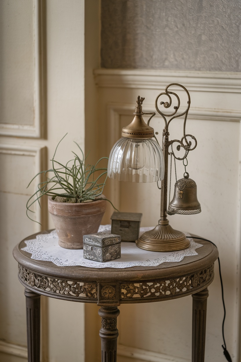 A vintage side table with a lamp, a plant, and decorative boxes on it.