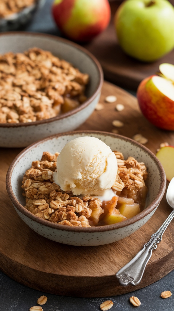 A bowl of apple crisp topped with ice cream, featuring a crunchy oat topping and fresh apples.