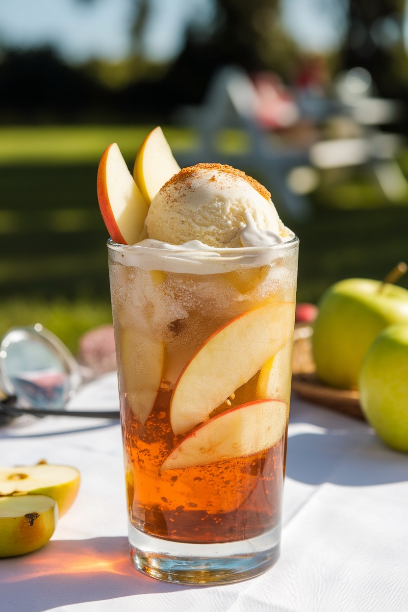 A refreshing Apple Pie Float with apple slices and ice cream on top