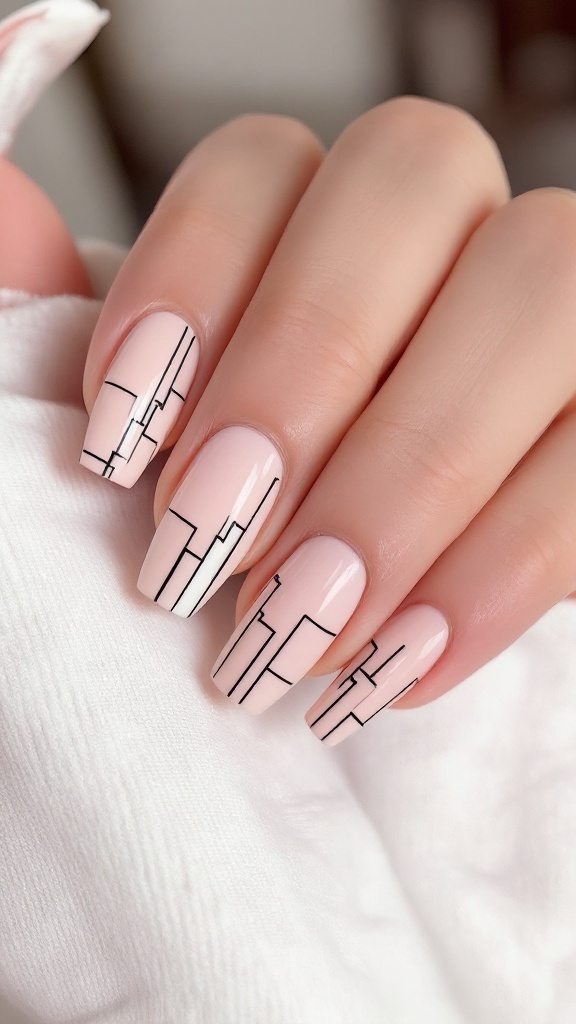 A hand with trendy nail designs featuring black architectural lines on a nude background.