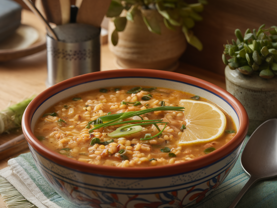 A bowl of Arroz Caldo with rice, green onions, and a lemon slice, set in a cozy kitchen environment.