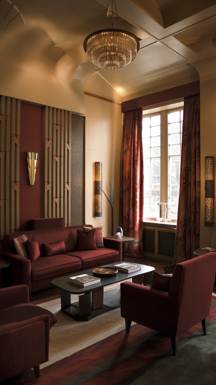 Living room designed in Art Deco style featuring dark cherry red furniture and decor.