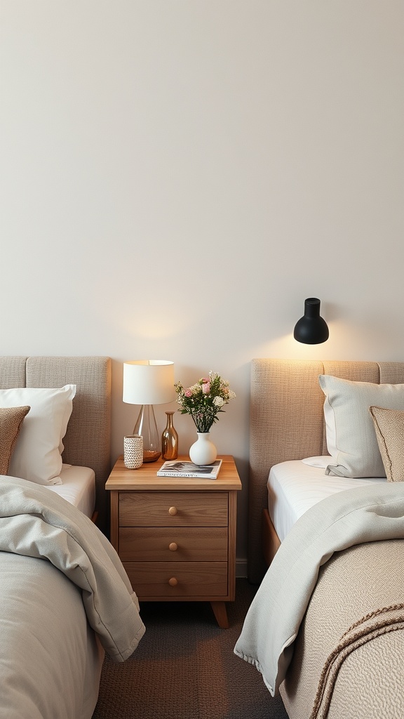 A stylish bedroom with two twin beds, featuring a wooden bedside table with a lamp, vase of flowers, and decorative items.