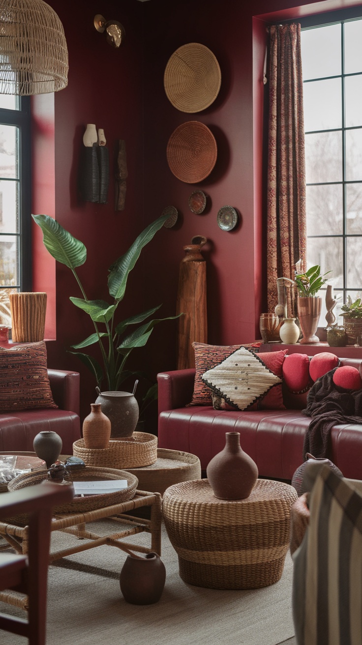 A cozy living room with dark cherry red walls, featuring artisan crafts like woven baskets and rattan furniture, accented by greenery.