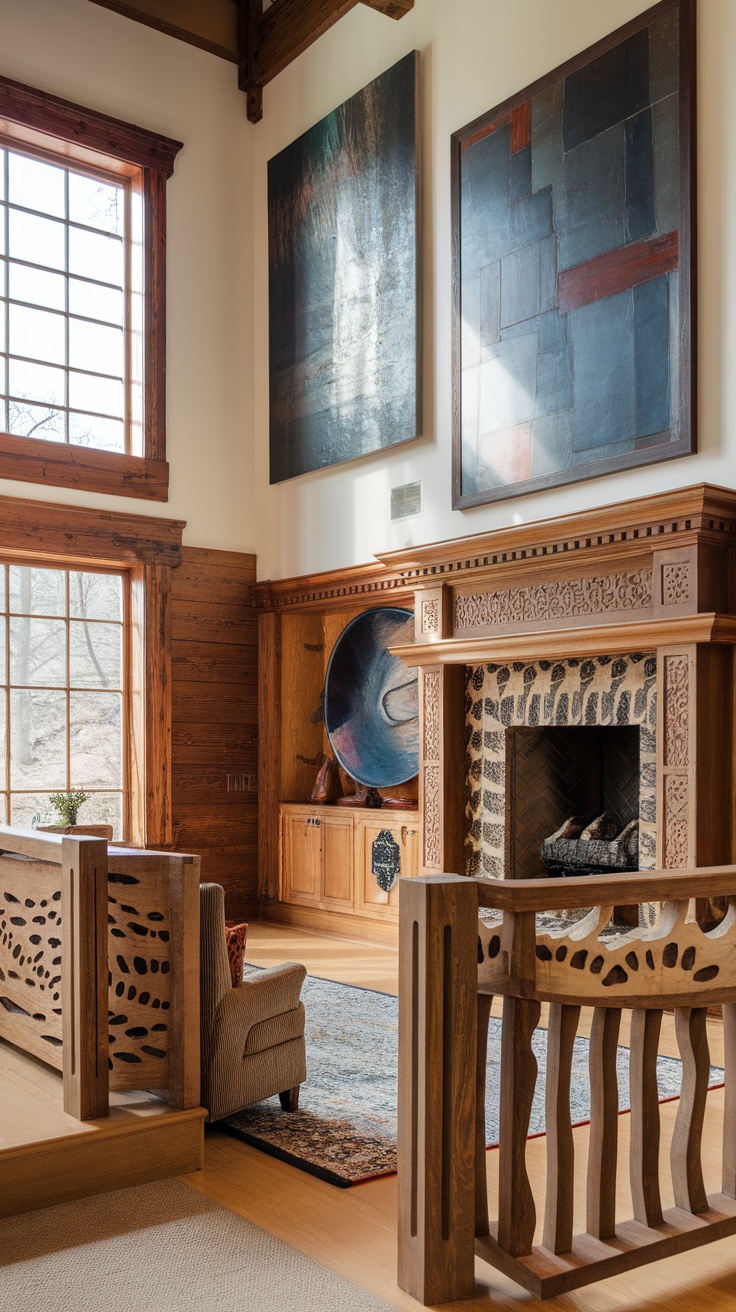 Interior view of a beautifully designed living space with wooden accents and artwork on the walls.