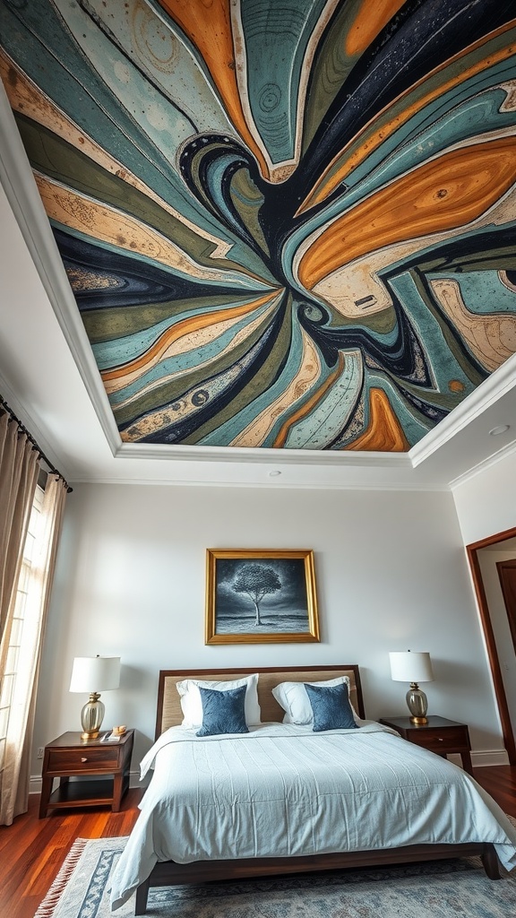 A bedroom with a geometric patterned ceiling featuring various colors and textures, and simple, elegant bedding.