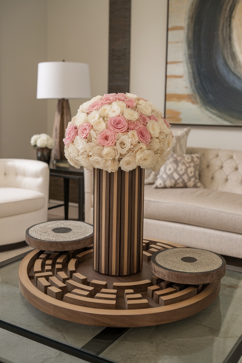 A stylish living room centerpiece featuring a floral arrangement on a wooden pedestal.