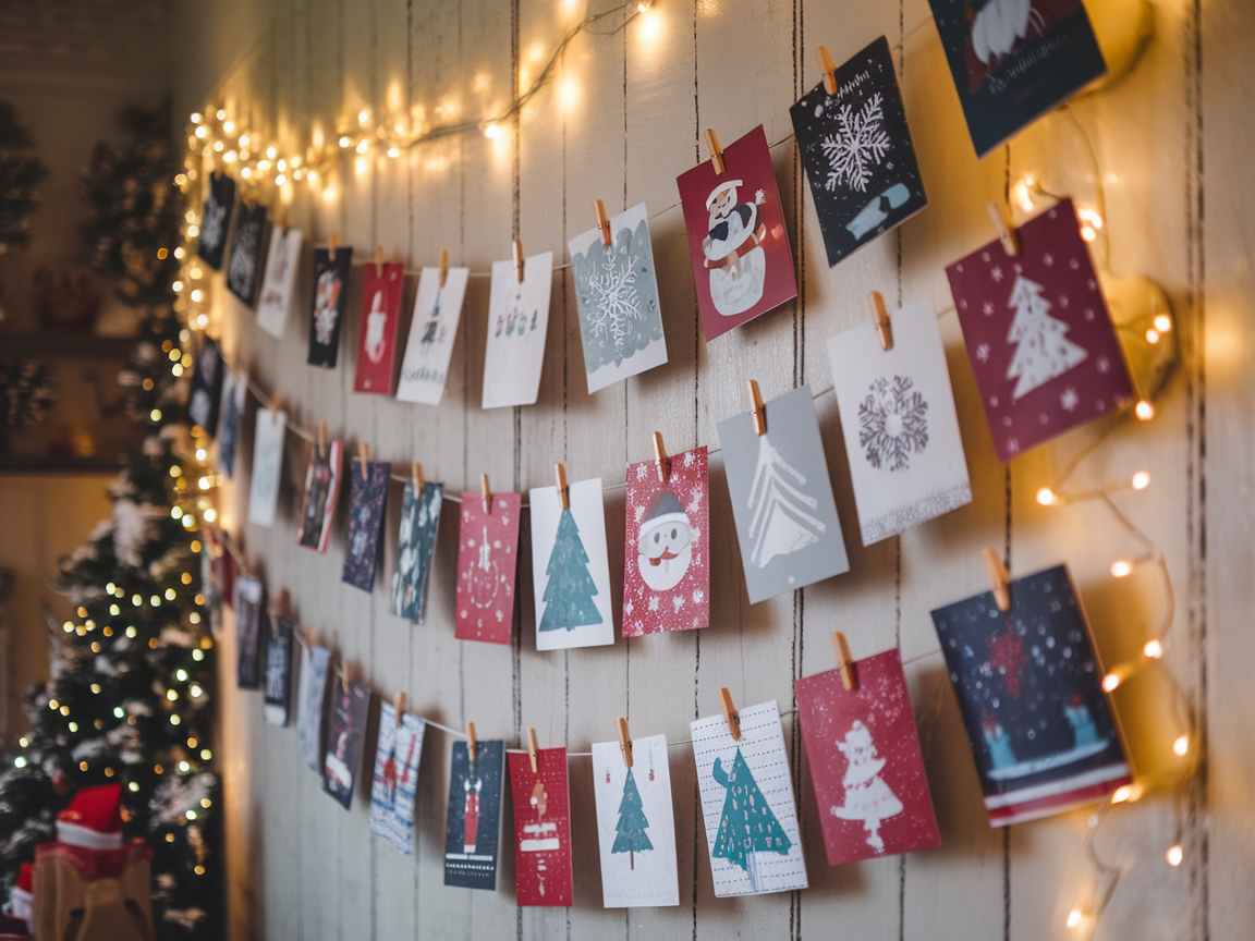 A decorative display of Christmas cards hanging on a wall with fairy lights.