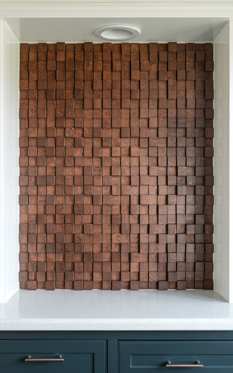 Artistic dark cherry backsplash made of wooden blocks.