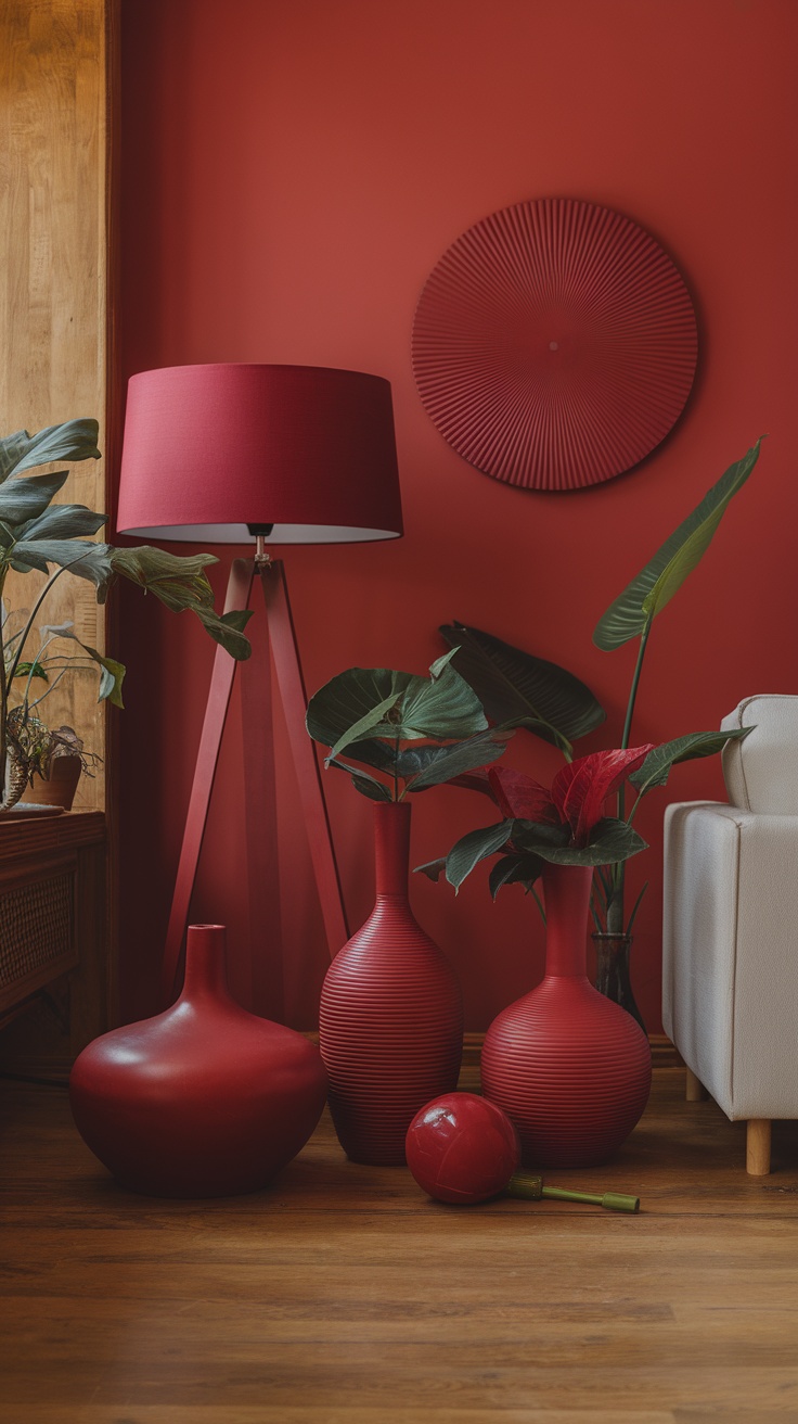 Artistic living room decor featuring dark cherry red walls, red vases, a lamp, and plants.