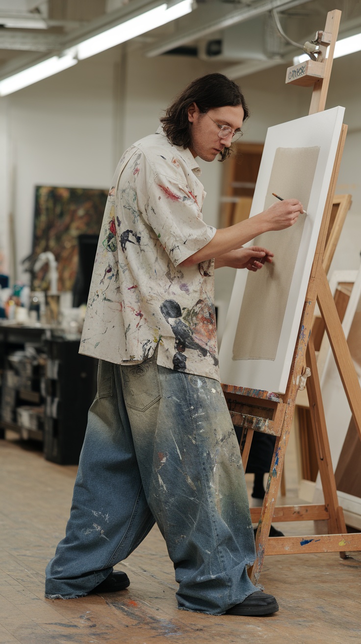 An artist wearing baggy jeans and a colorful shirt, working on a painting in a studio.