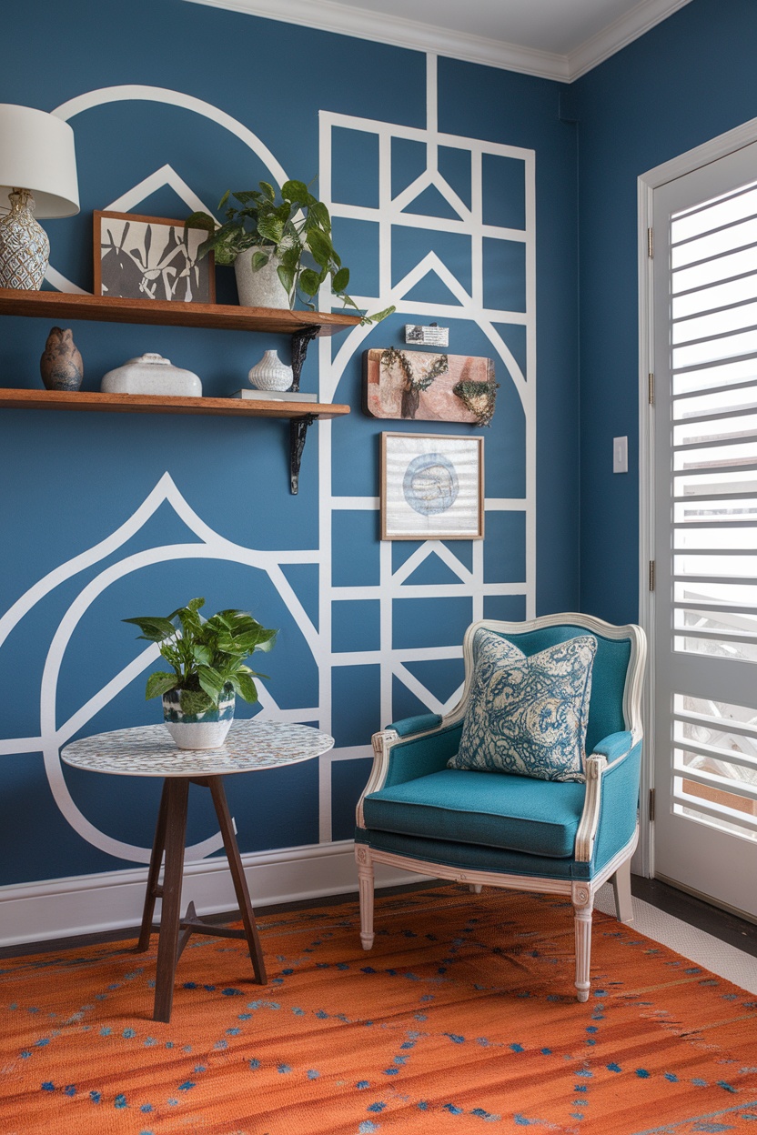 A cozy home office nook featuring a blue wall with white geometric designs, a teal chair, a round mosaic table, and wooden shelves with decorative items.