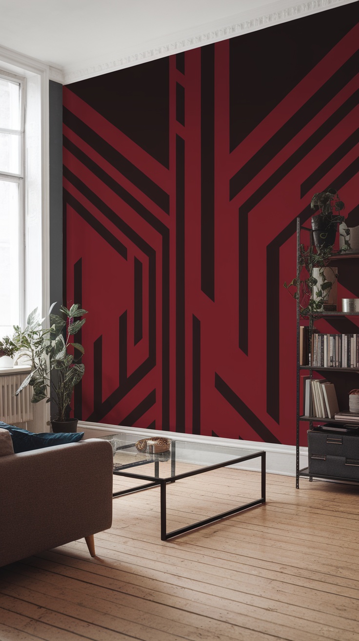 Living room featuring a dark cherry red mural with geometric lines