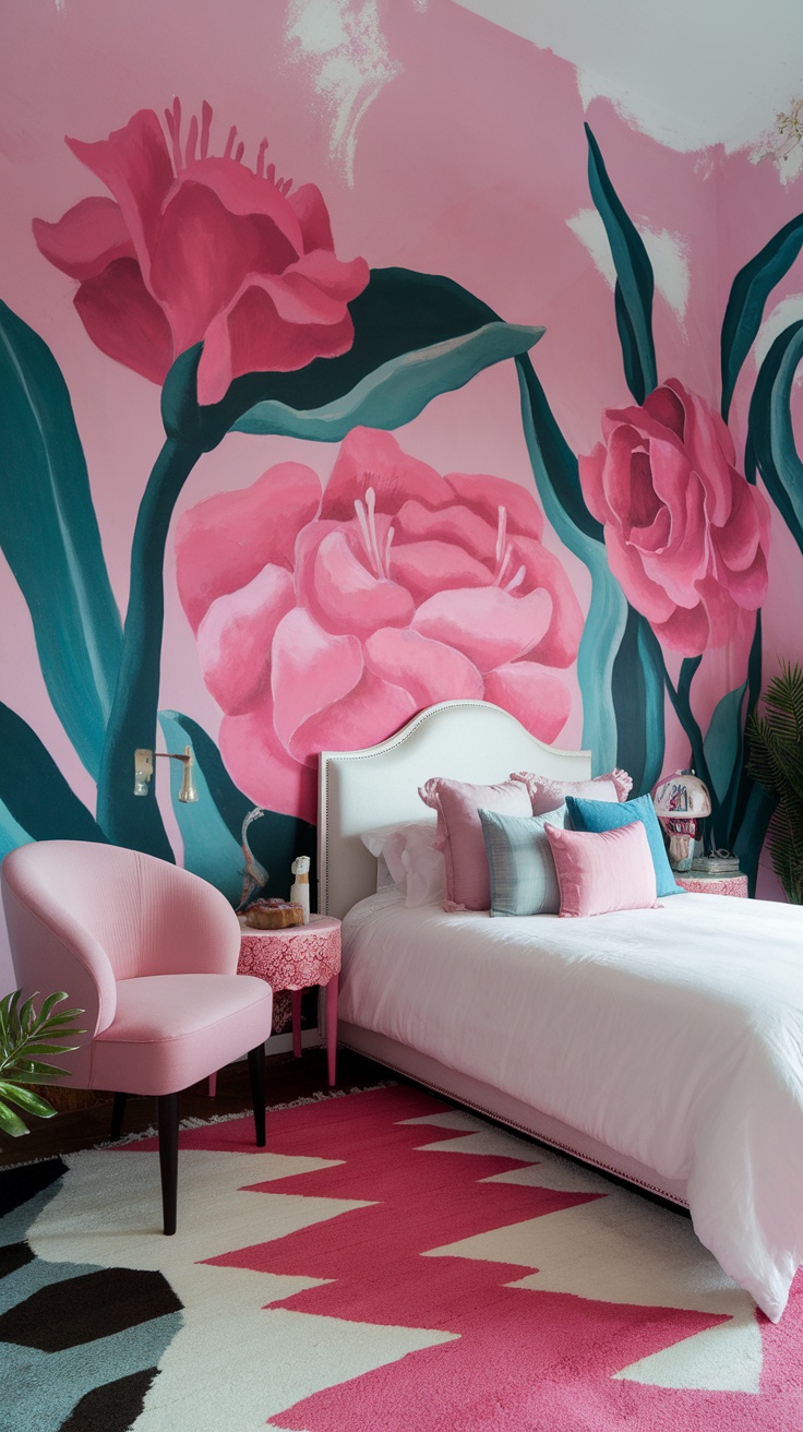 A cozy bedroom featuring a large pink floral mural on the wall, a bed with pink and blue pillows, and a pink chair.