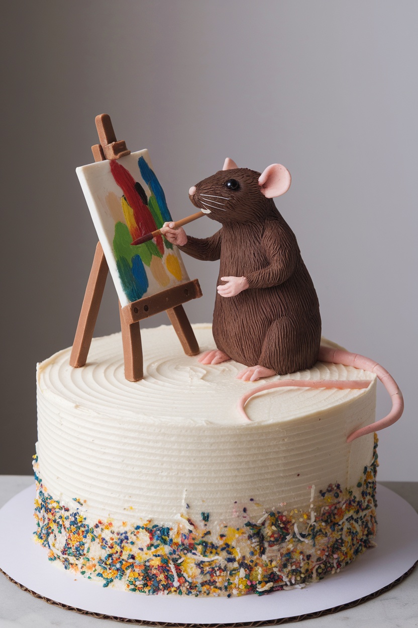 A cake designed to look like a rat painting on an easel, with colorful sprinkles on the sides.