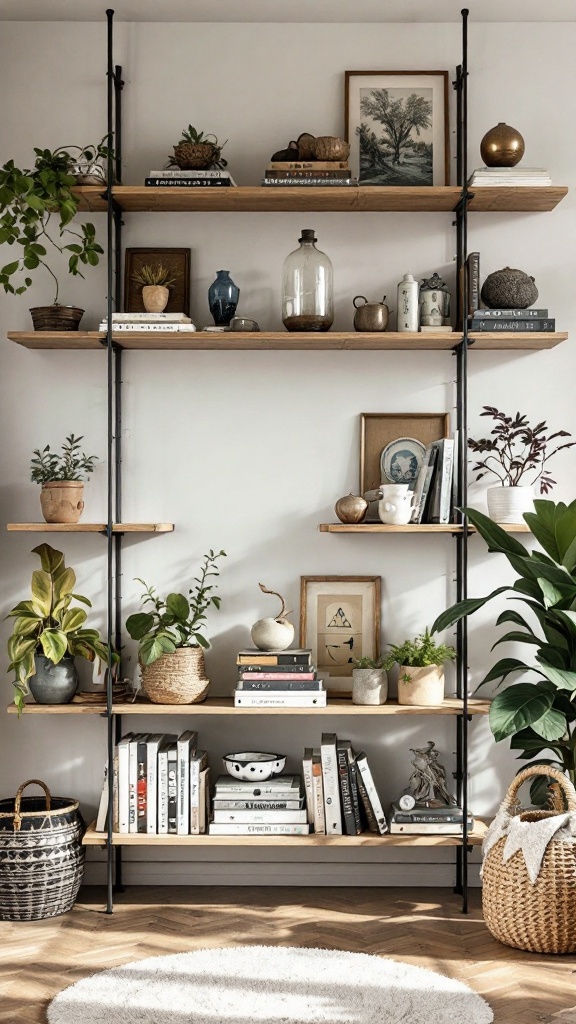 Artistic shelving in a maximalist living room with plants, books, and decorative pieces.