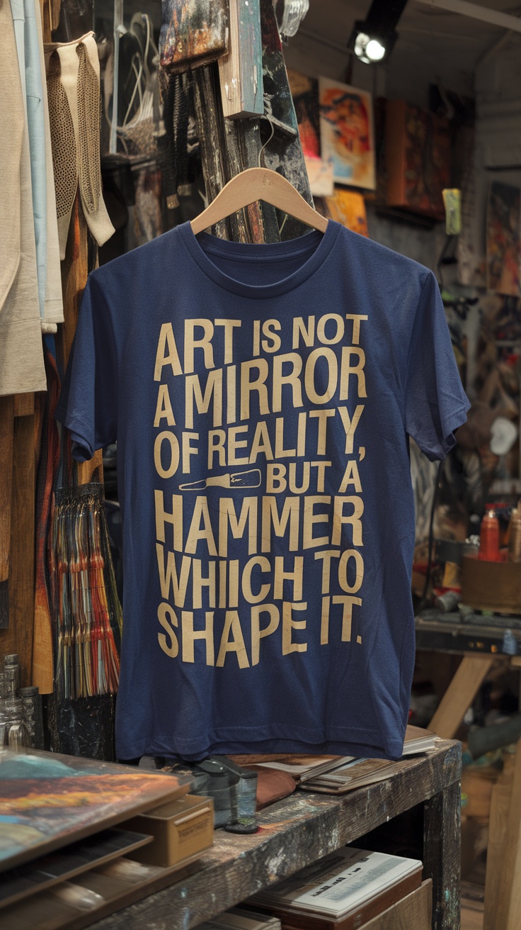 Artistic typography t-shirt with the text 'Art is not a mirror of reality, but a hammer which to shape it.' displayed on a hanger in an art studio.