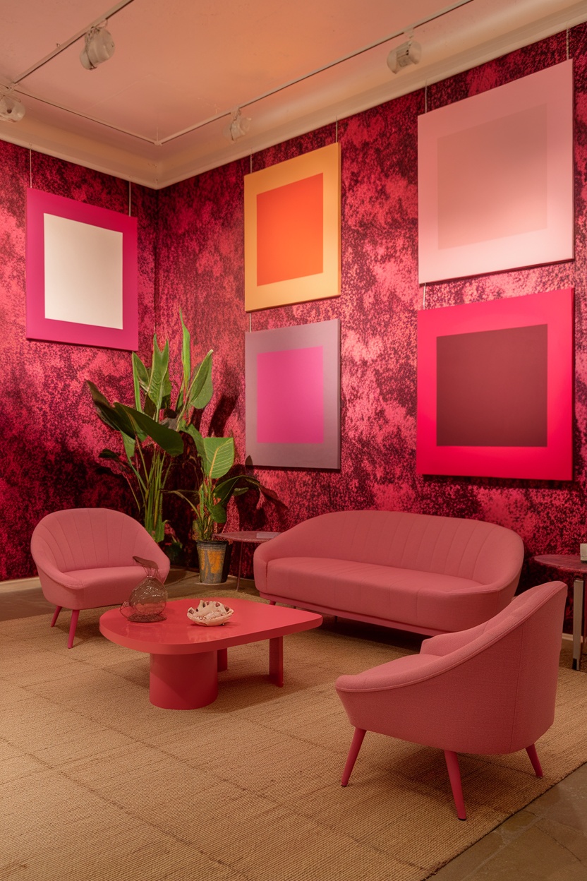 A cozy pink room featuring pink furniture and artwork in various shades of pink on the walls.