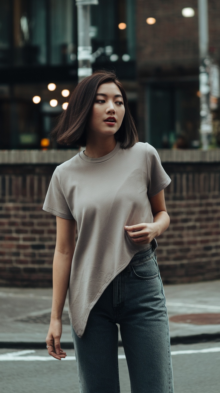 A model wearing a beige asymmetric hem t-shirt with high-waisted jeans on a city street.