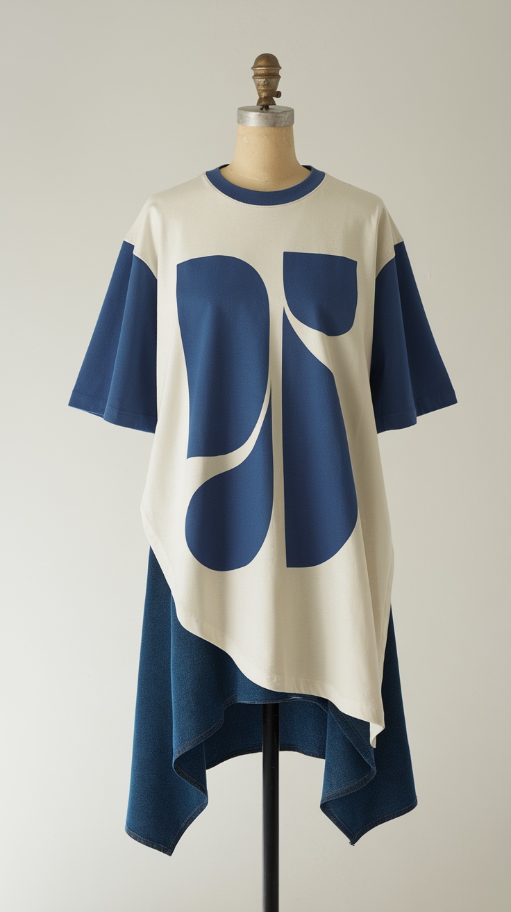 A trendy asymmetric hem t-shirt in cream and navy with a unique graphic design.