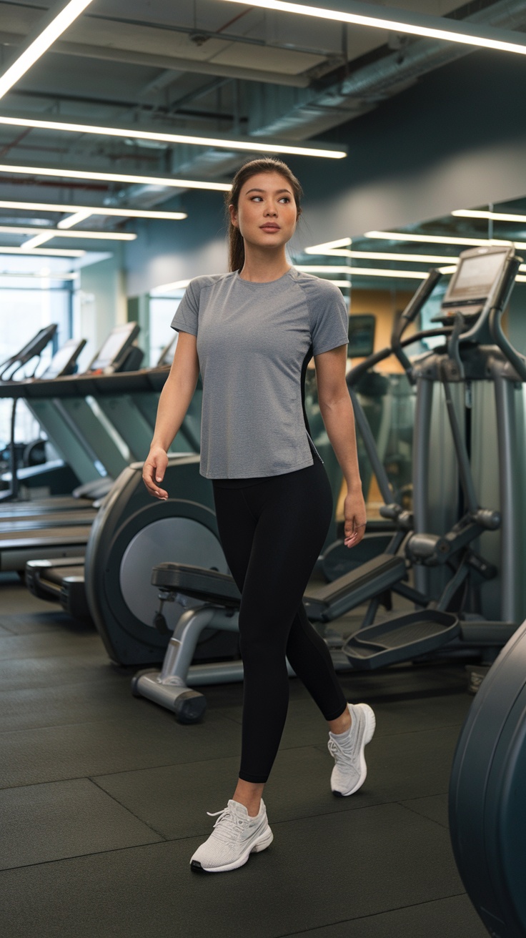 A woman walking in a gym wearing a gray t-shirt and black leggings.