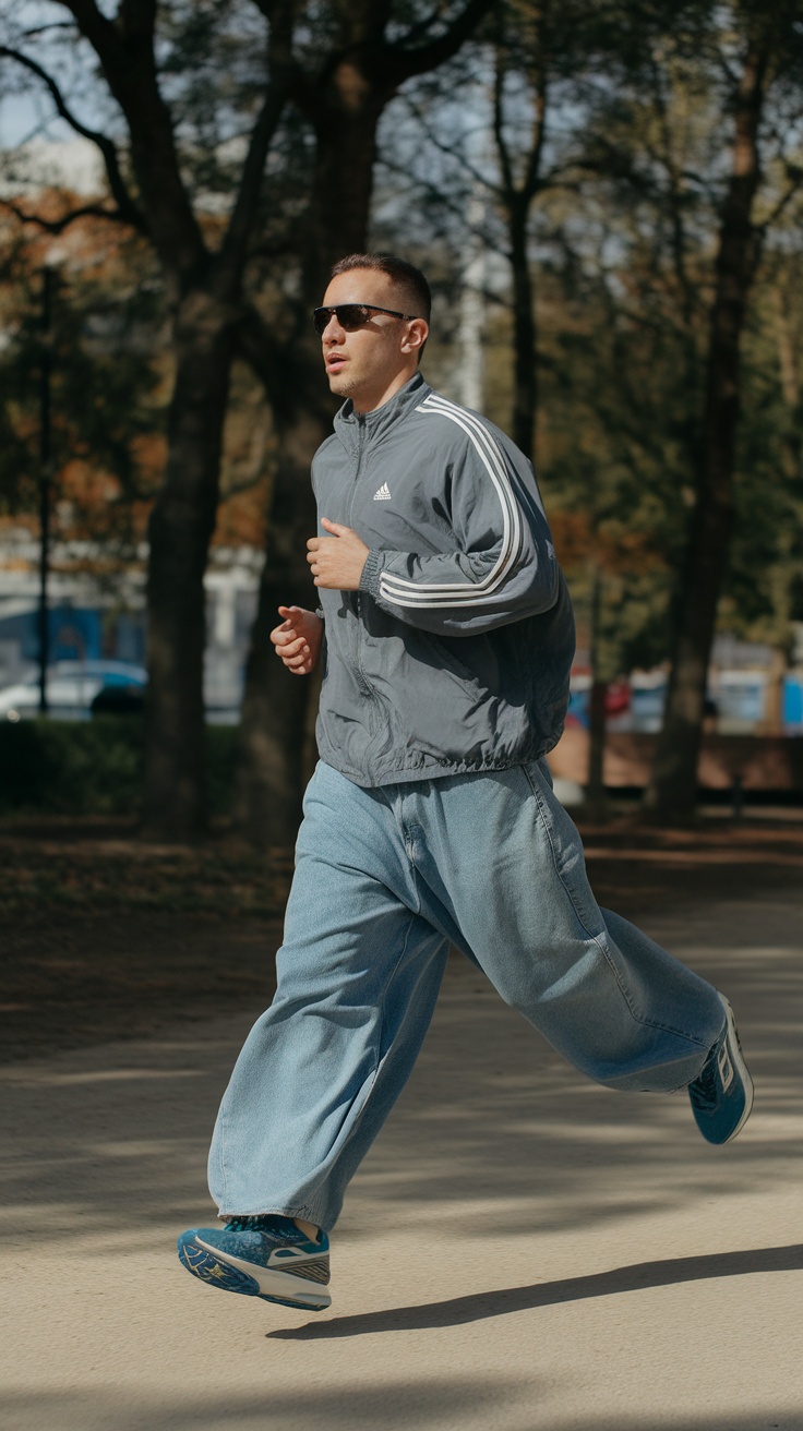 A man jogging in a park wearing a gray athletic jacket and baggy jeans.