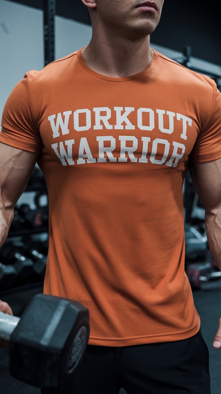 A man wearing an orange t-shirt with 'WORKOUT WARRIOR' text, holding a dumbbell in a gym setting.