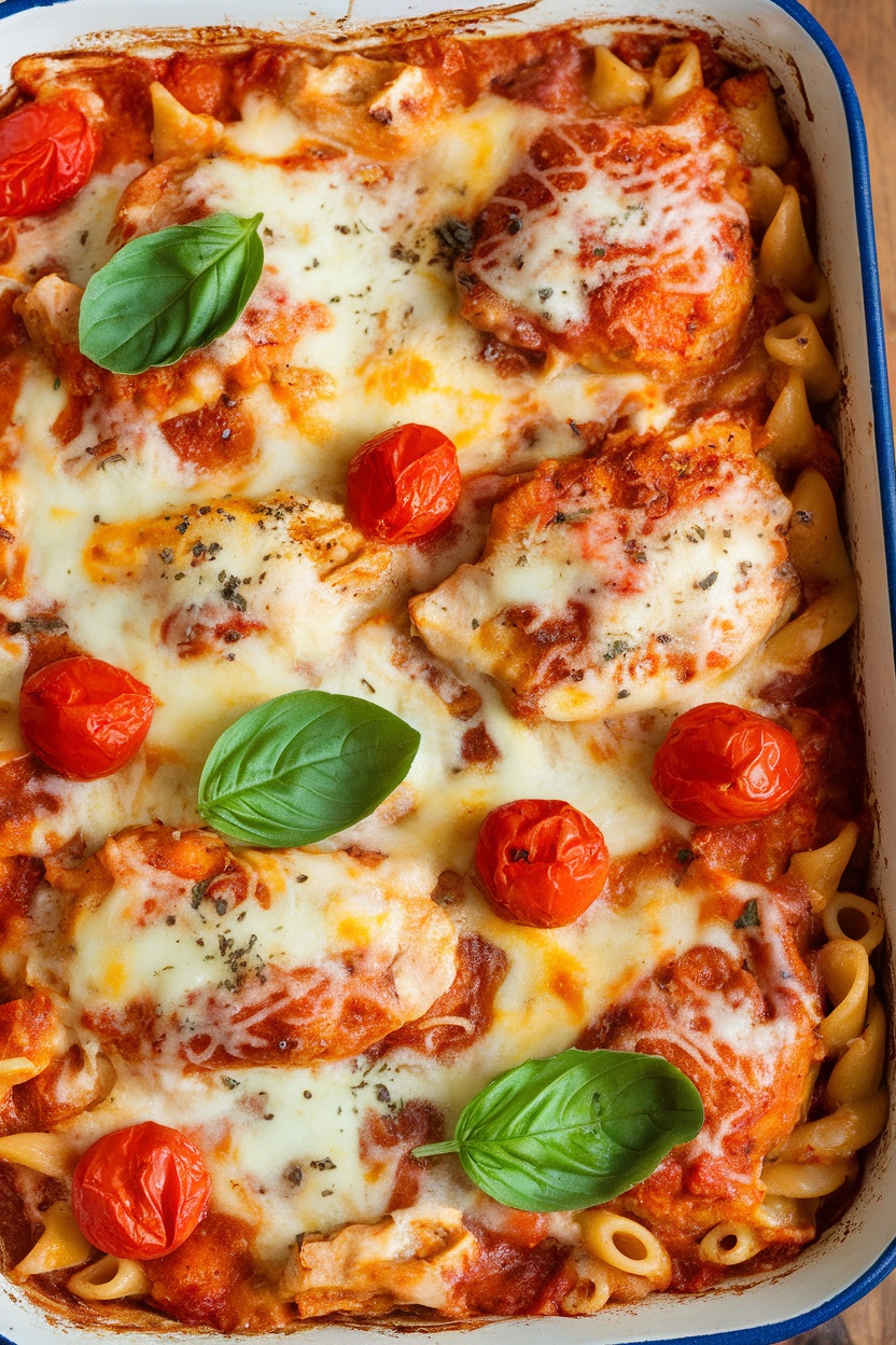 A delicious baked chicken parmesan pasta with melted cheese, tomatoes, and fresh basil.