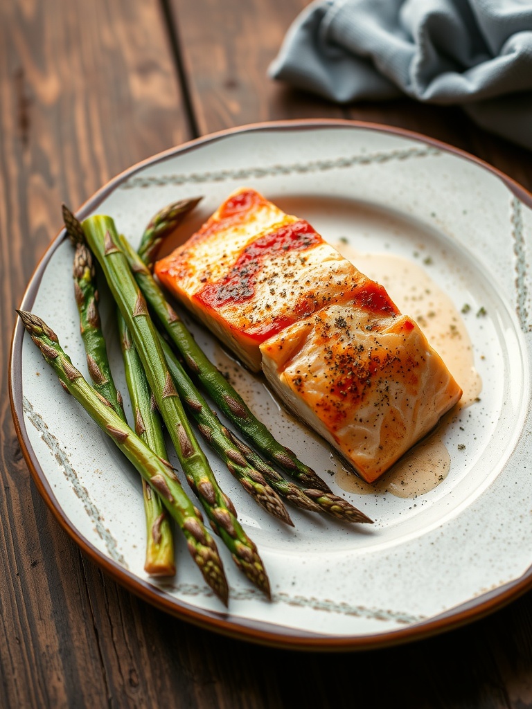 Baked salmon fillets served with asparagus and lemon slices